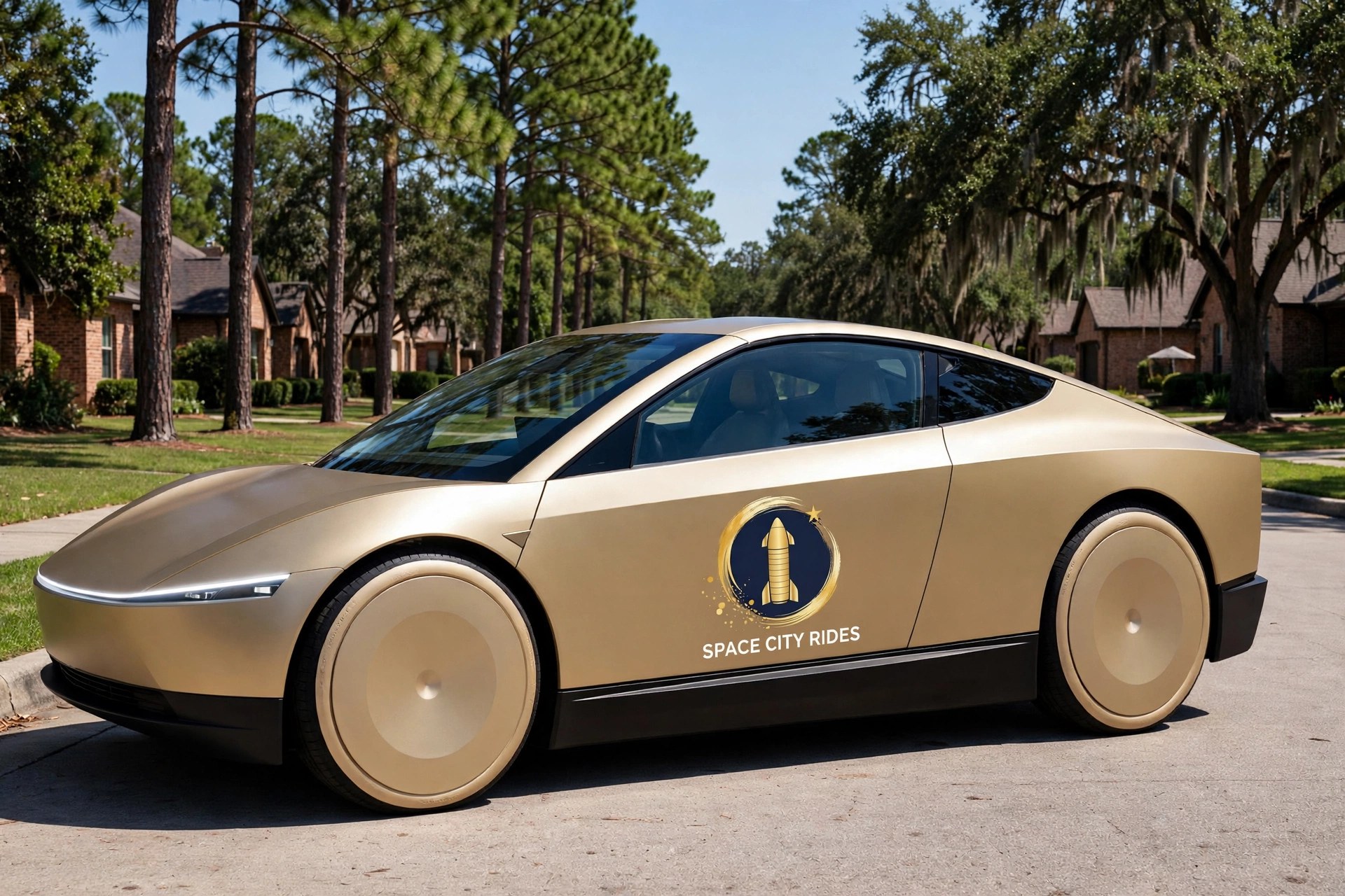A Space City Rides Cybercab at a curb in The Woodlands