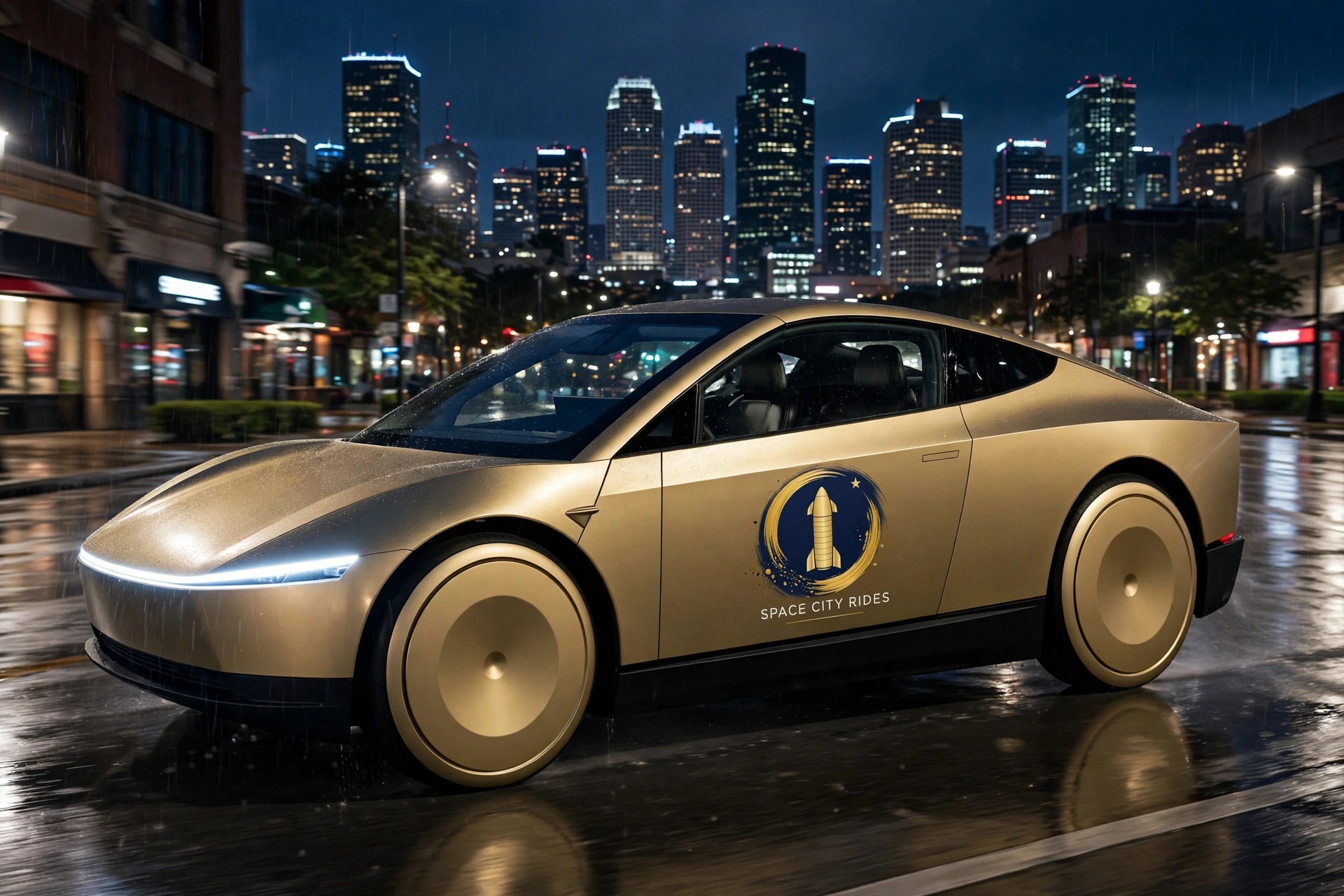 A Space City Rides Cybercab driving in Houston at night