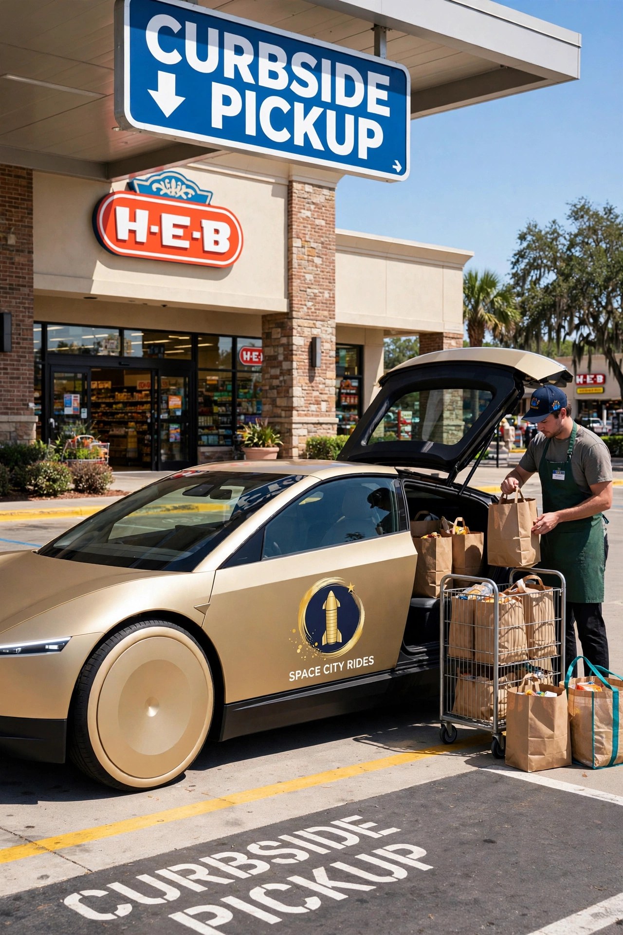 Groceries being loaded into a Space City Rides Cybercab at store curbside pickup