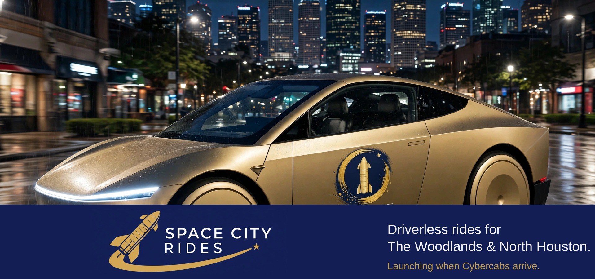 A Space City Rides Cybercab in Houston at night